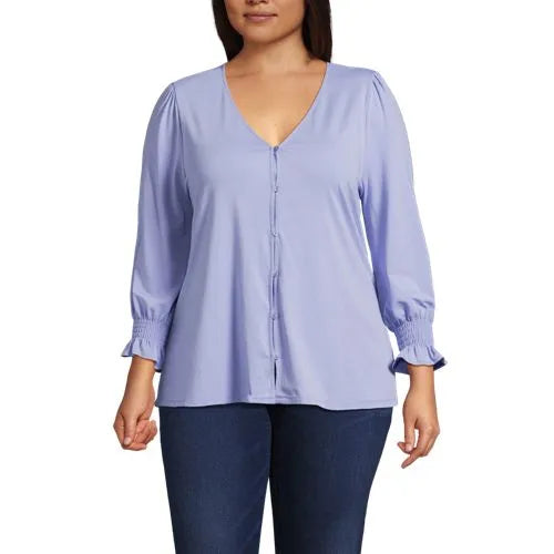 Women's 3/4 Sleeve Lightweight Jersey Button Front Top