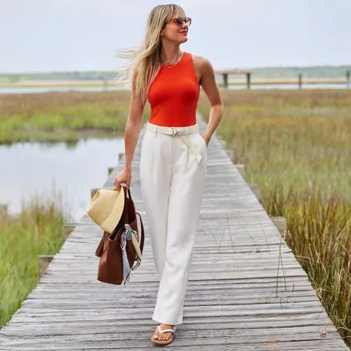 Women's Crepe High Rise Pleated Wide Leg Pants