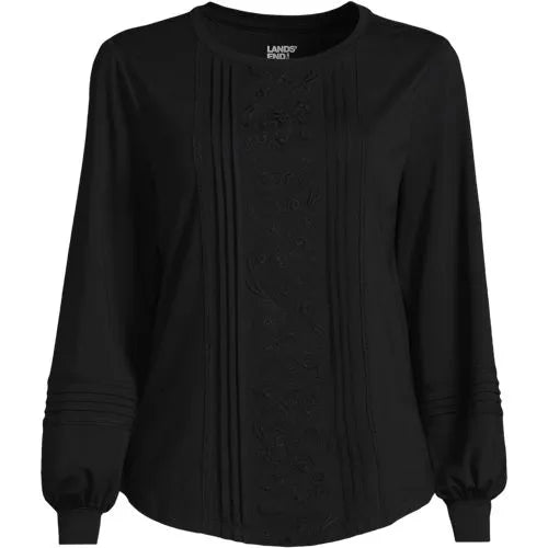 Women's Long Sleeve Lightweight Jersey Pintuck Embroidery Top