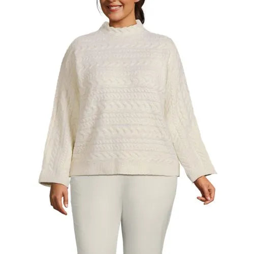 Women's Plus Size Boucle Funnel Neck All Over Cable Sweater