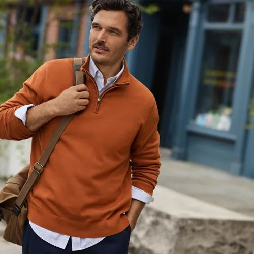 Men's Long Sleeve Fine Gauge Cotton Quarter Zip Sweater