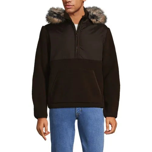 Men's Hooded Half Zip Faux Fur Sherpa Fleece Pullover