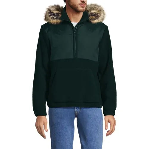 Men's Hooded Half Zip Faux Fur Sherpa Fleece Pullover