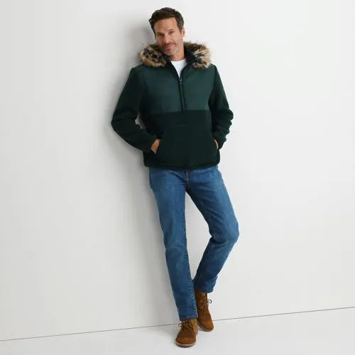 Men's Hooded Half Zip Faux Fur Sherpa Fleece Pullover