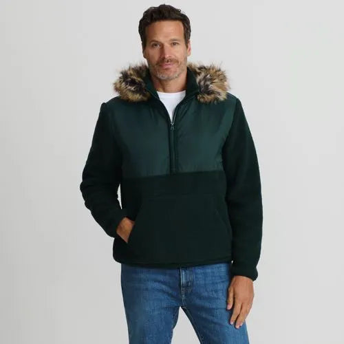 Men's Hooded Half Zip Faux Fur Sherpa Fleece Pullover