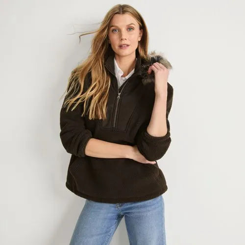 Women's Hooded Half Zip Faux Fur Sherpa Fleece Pullover