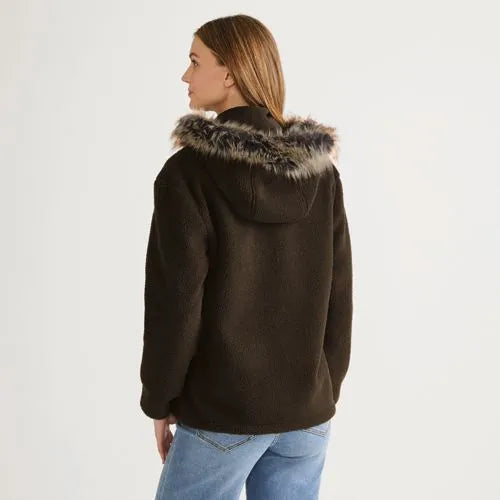 Women's Hooded Half Zip Faux Fur Sherpa Fleece Pullover