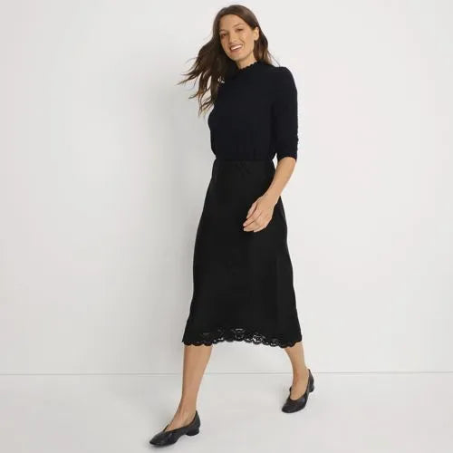 Women's Satin Lace Trim Midi Skirt