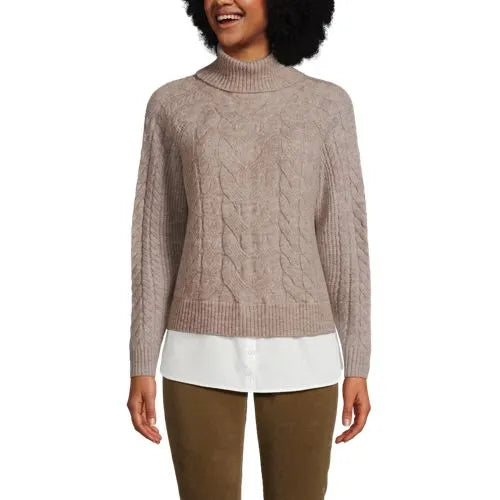 Women's Cable Turtleneck with Mock Shirt Detail Sweater