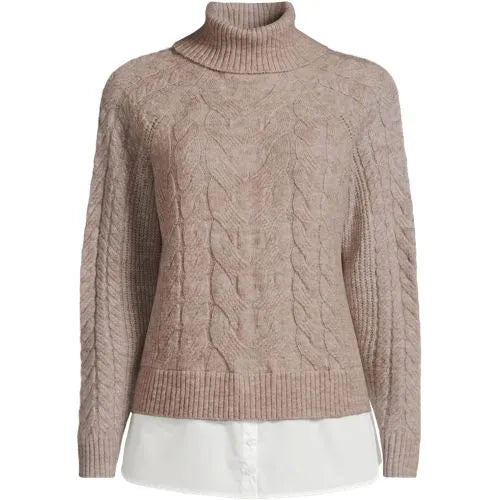 Women's Cable Turtleneck with Mock Shirt Detail Sweater