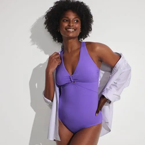 Women's Knot Front V-neck High Leg One Piece Swimsuit