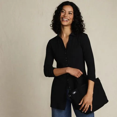 Women's Long Sleeve Polished Rib Button Through Tunic Shirt