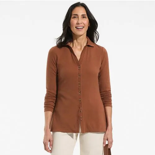Women's Long Sleeve Polished Rib Button Through Tunic Shirt