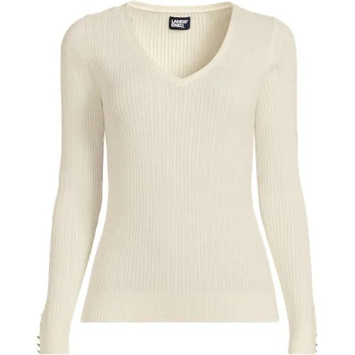 Women's Fine Gauge Cotton Baby Cable V-neck Sweater