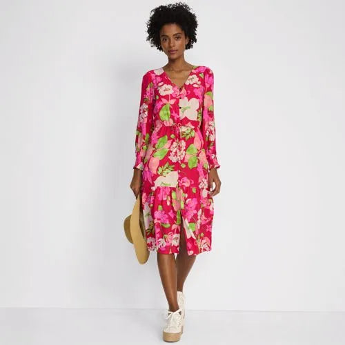 Women's Crepe Button Front Long Sleeve Midi Dress