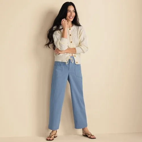 Women's Herringbone Chino High Rise Relaxed Straight Drawstring Ankle Pants