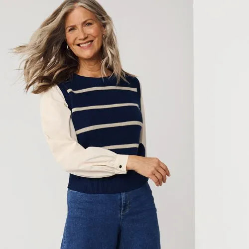 Women's Drifter Shaker Button Shoulder Sweater Vest with Poplin Sleeves