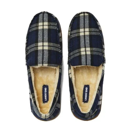 Men's Fuzzy Lined Plaid Flannel Moccasin Slippers