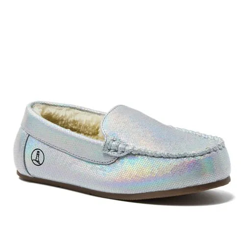 Kids Fuzzy Lined Shimmer Moccasin Slippers