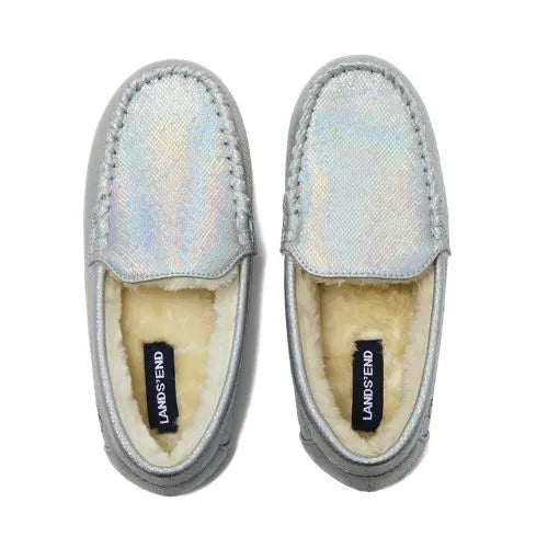 Kids Fuzzy Lined Shimmer Moccasin Slippers