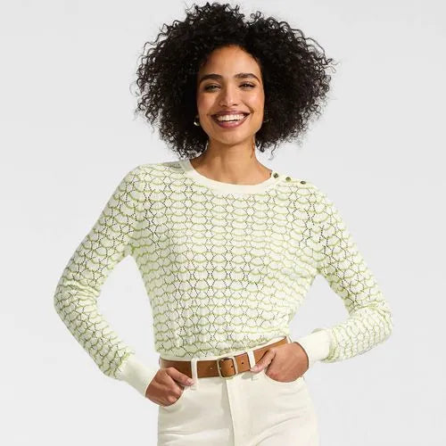 Women's Cotton Viscose Button Shoulder Modern Crew Sweater
