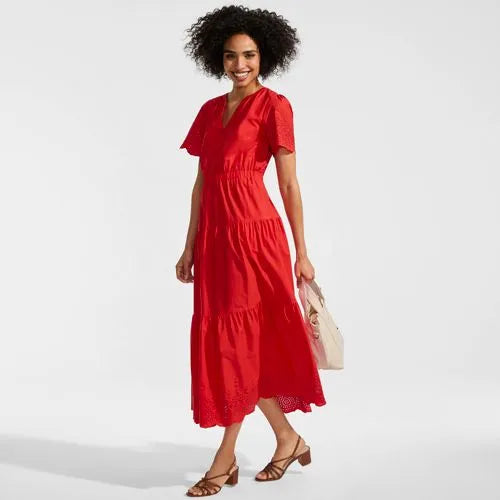 Women's Tiered Cotton Poplin Eyelet Maxi Dress