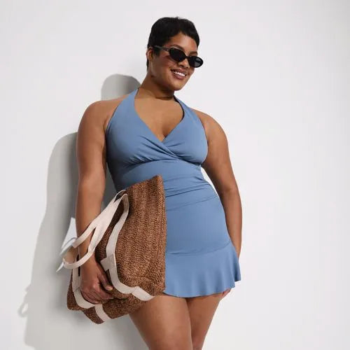 Women's Plus Size Pique Halter Ruffle Hem Mini Swim Dress Swimsuit