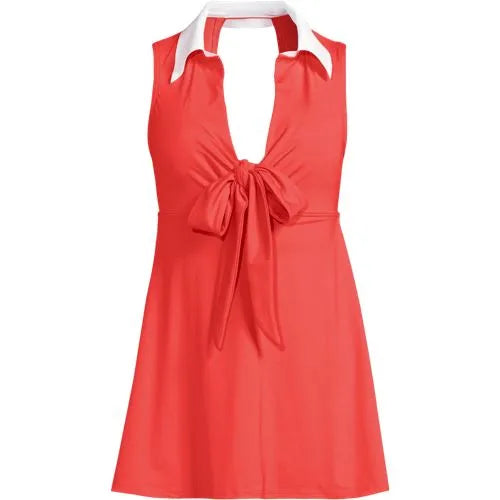 Women's Polo Collar Tie Front Swim Dress Swimsuit