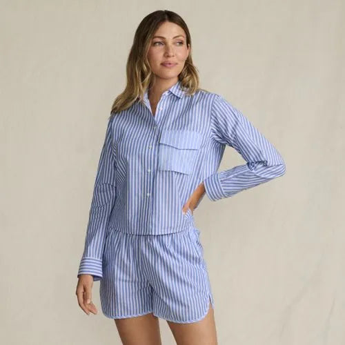 Women's Cotton Poplin 2 Piece Pajama Set - Long Sleeve Top and Shorts with Piping