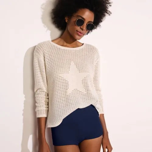 Women's Cotton Viscose Mesh Jacquard Crew Neck Sweater