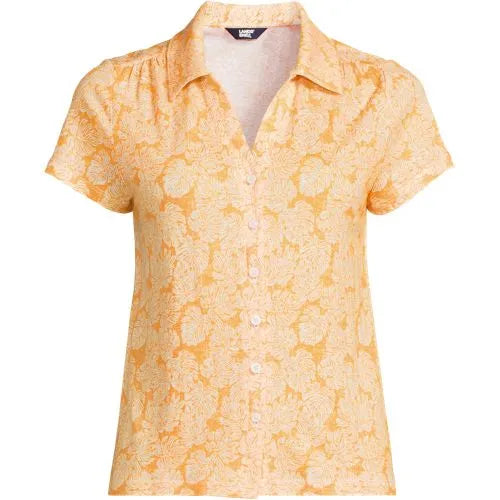 Women's Plus Size Linen Blend Short Sleeve Button Front Polo Top