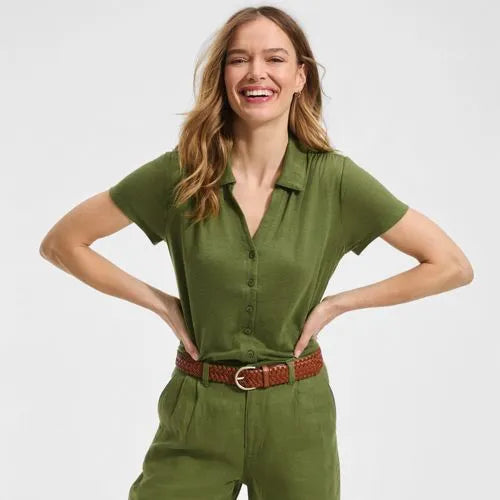 Women's Linen Blend Short Sleeve Button Front Polo Top