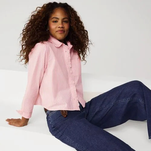 Women's Poplin Cropped Shirt with Ruffles
