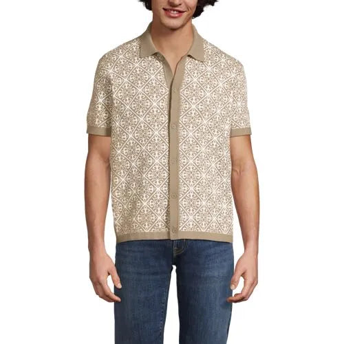 Men's Short Sleeve Tile Jacquard Button Down Sweater Polo