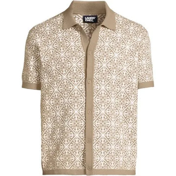 Men's Short Sleeve Tile Jacquard Button Down Sweater Polo