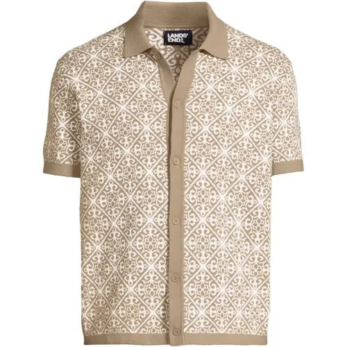 Men's Short Sleeve Tile Jacquard Button Down Sweater Polo