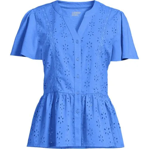 Women's Plus Size Short Sleeve Mixed Media Eyelet Top