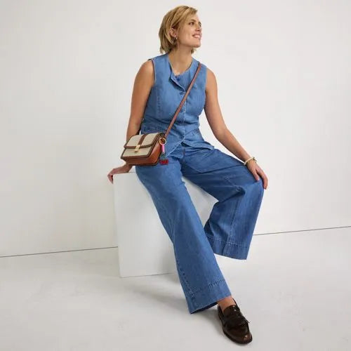 Women's High Rise Wide Leg Double Pleated Denim Trousers