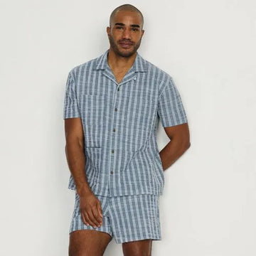 Men's Short Sleeve Textured Jacquard Camp Collar Shirt - Set Top