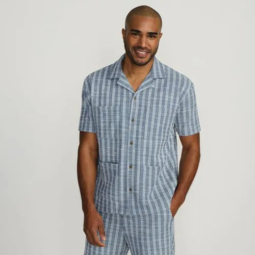 Men's Short Sleeve Textured Jacquard Camp Collar Shirt - Set Top