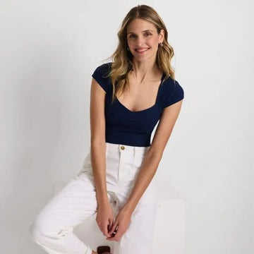 Women's Cap Sleeve Tugless Double Layer Sweetheart Knit Top