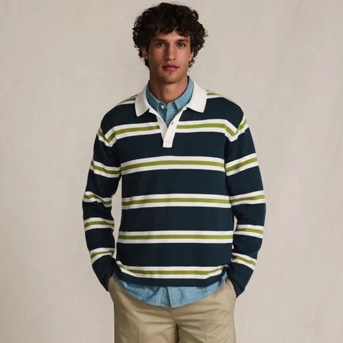 Men's Long Sleeve Cotton Rugby Sweater Polo