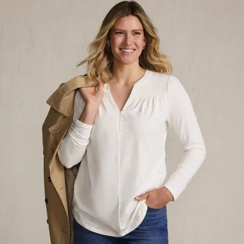 Women's Long Sleeve Lightweight Jersey Notch Neck Tunic Top