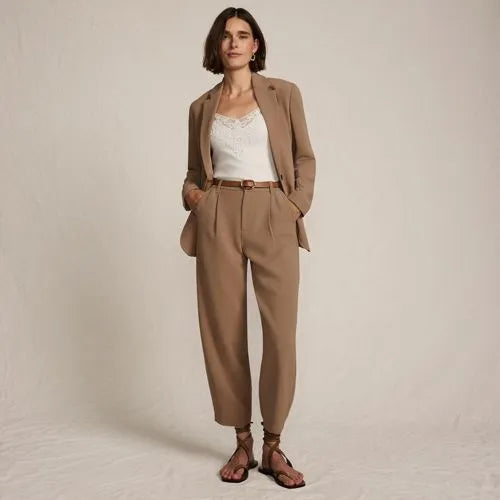 Women's Crepe High Rise Pleated Barrel Leg Ankle Pants