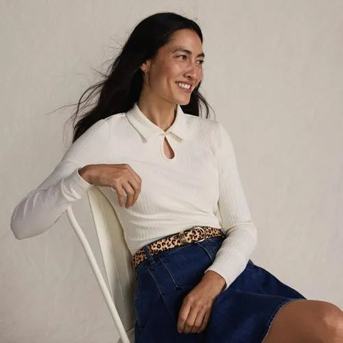 Women's Long Sleeve Pointelle Rib Keyhole Polo Top