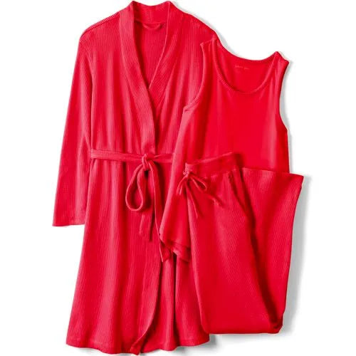 Women's Brushed Cozy Waffle Jersey 3 Piece Pajama Set - Tank Top Pant and Robe