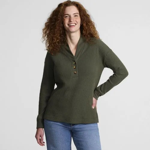Women's Long Sleeve Waffle Shawl Collar Henley
