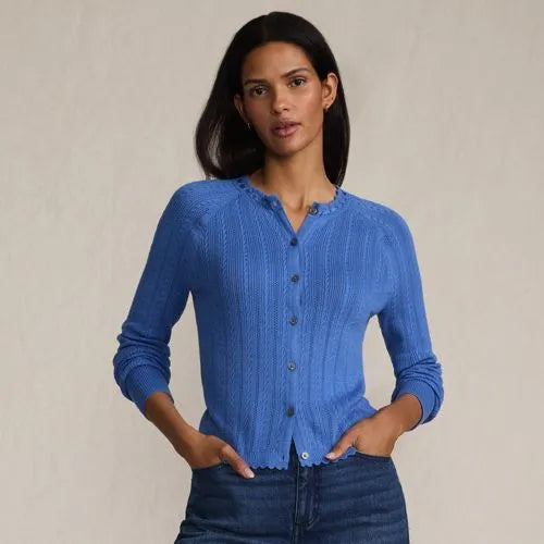 Women's Cotton Pointelle Satin Trim Cardigan Sweater