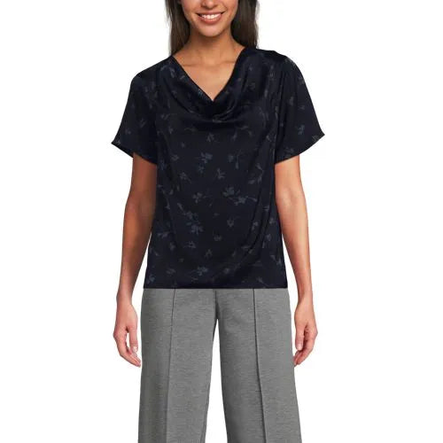 Women's Charmeuse Short Sleeve Cowl Neck Top