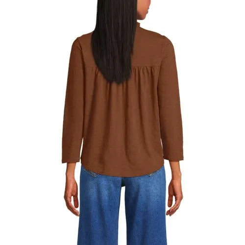 Women's 3/4 Sleeve Cotton Slub Lace Trim Top